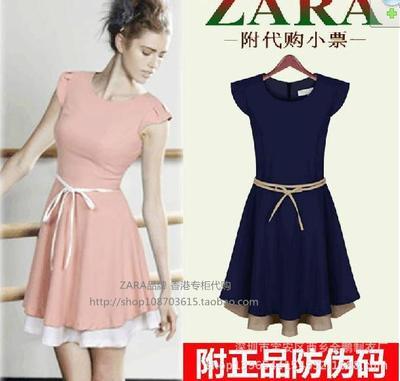 批發(fā)采購(gòu)連衣裙-2014夏季女裝新款圓領(lǐng)假兩件雪紡腰帶短袖連衣裙批發(fā) 廠家直供批.